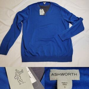 NEW ASHWORTH GOLF L Blue brown COTTON VNECK SWEATER LARGE NWT